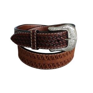Western Ranger Basketweave Tooled Chestnut Brown Tapered Leather Belt Size 42